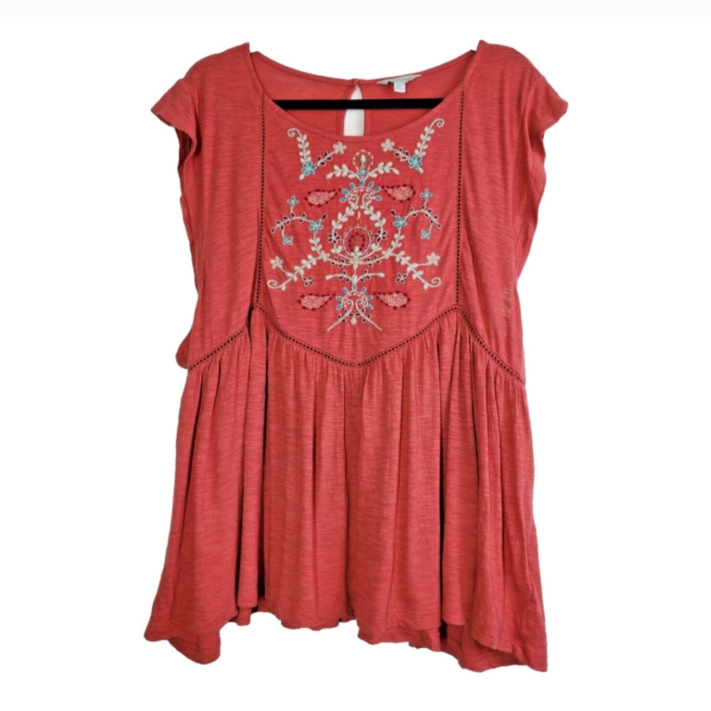 Lucky Brand Womens XL Peasant Top Boho Bohemian Embroidered Rust Babydoll Hem